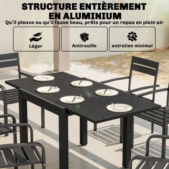 Outsunny - Table de jardin extensible 4-6 personnes rallonge auto-stockée alu effet bois - 80-160 x 80 cm - noir - Image 8