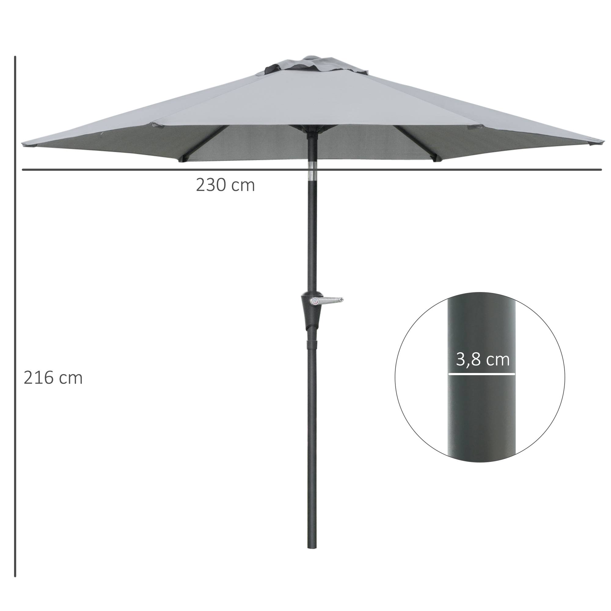 Parasol de jardin Parasol droit hexagonal inclinable Ø 2,3 x 2,16m - 230x230x216cm Métal Gris fr159 - Image 5