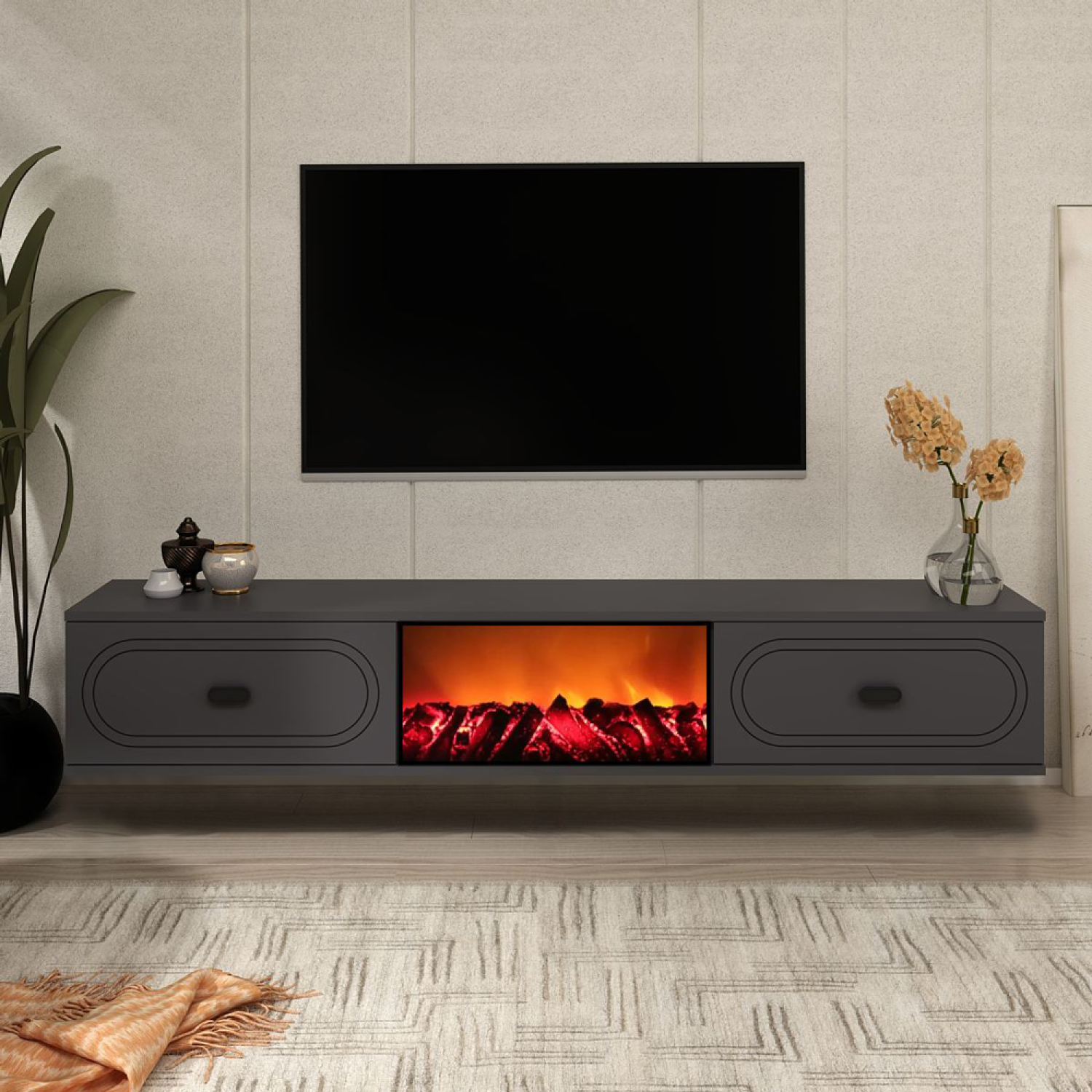 Concept Usine - Meuble TV avec cheminée LED 150cm gris anthracite et noir FYRA - Image 2
