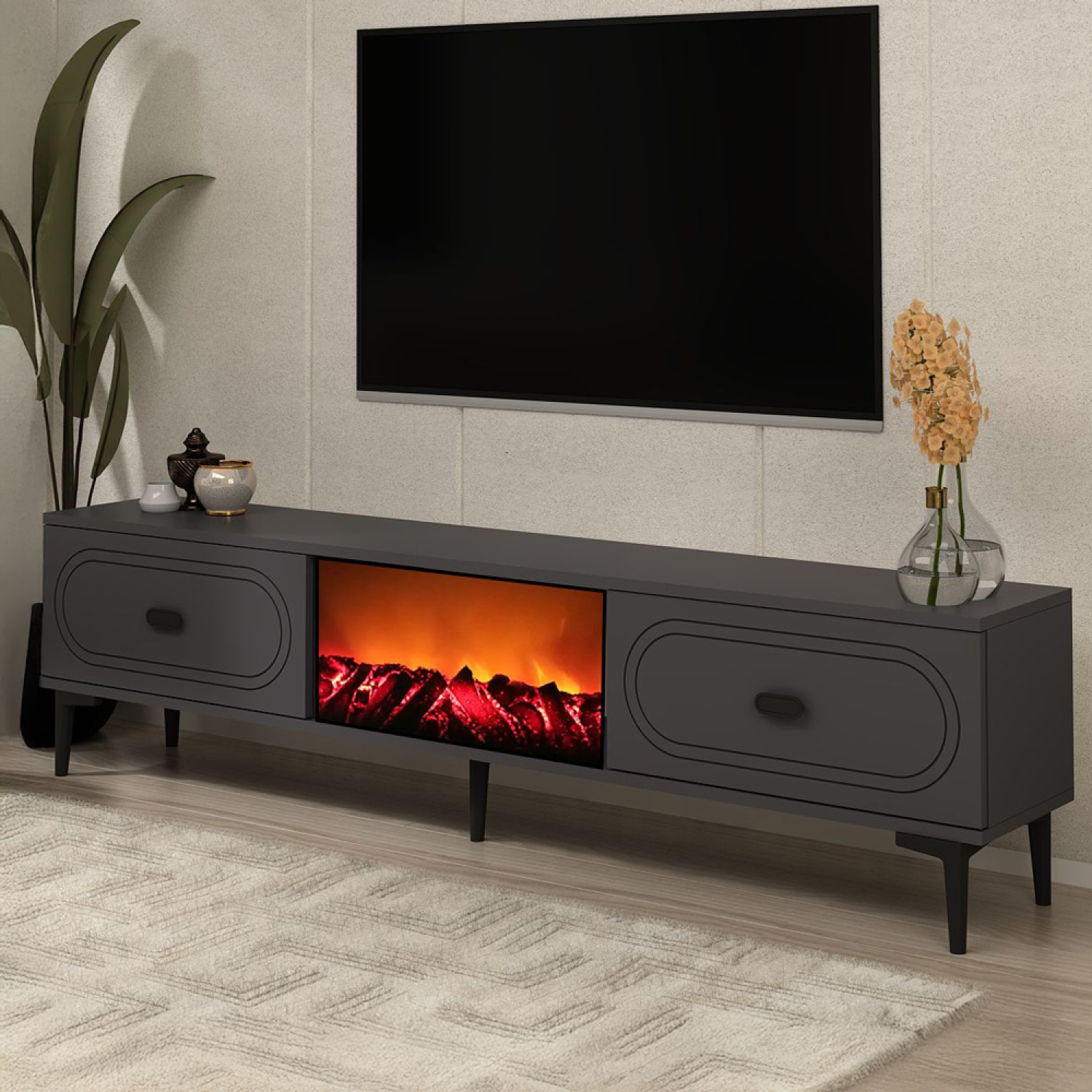 Concept Usine - Meuble TV avec cheminée LED 150cm gris anthracite et noir FYRA - Image 3
