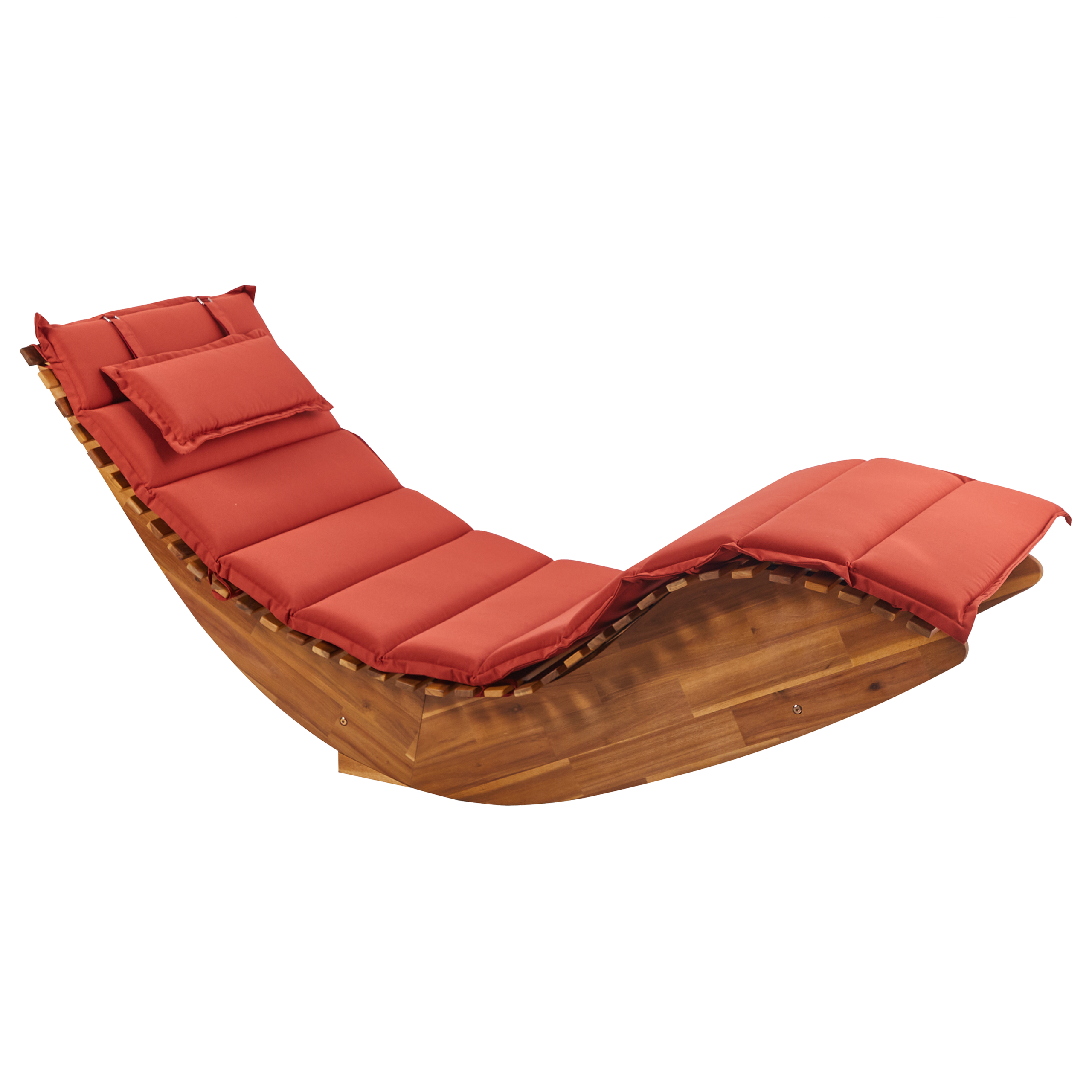 Beliani - Chaise Longue Extérieur à Bascule en Bois d'Acacia Clair Design à Lattes avec Coussin Rouge - Image 1