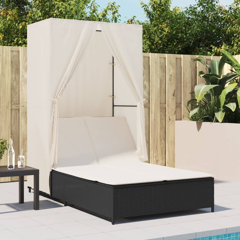 Chaise longue double avec toit et rideaux noir résine tressée 104 x 197 x 193 cm - PANGIVO - Image 3