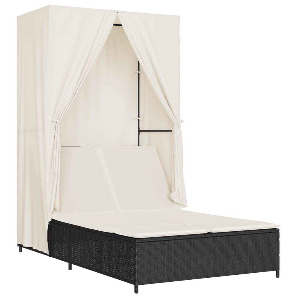Chaise longue double avec toit et rideaux noir résine tressée 104 x 197 x 193 cm - PANGIVO - Image 2