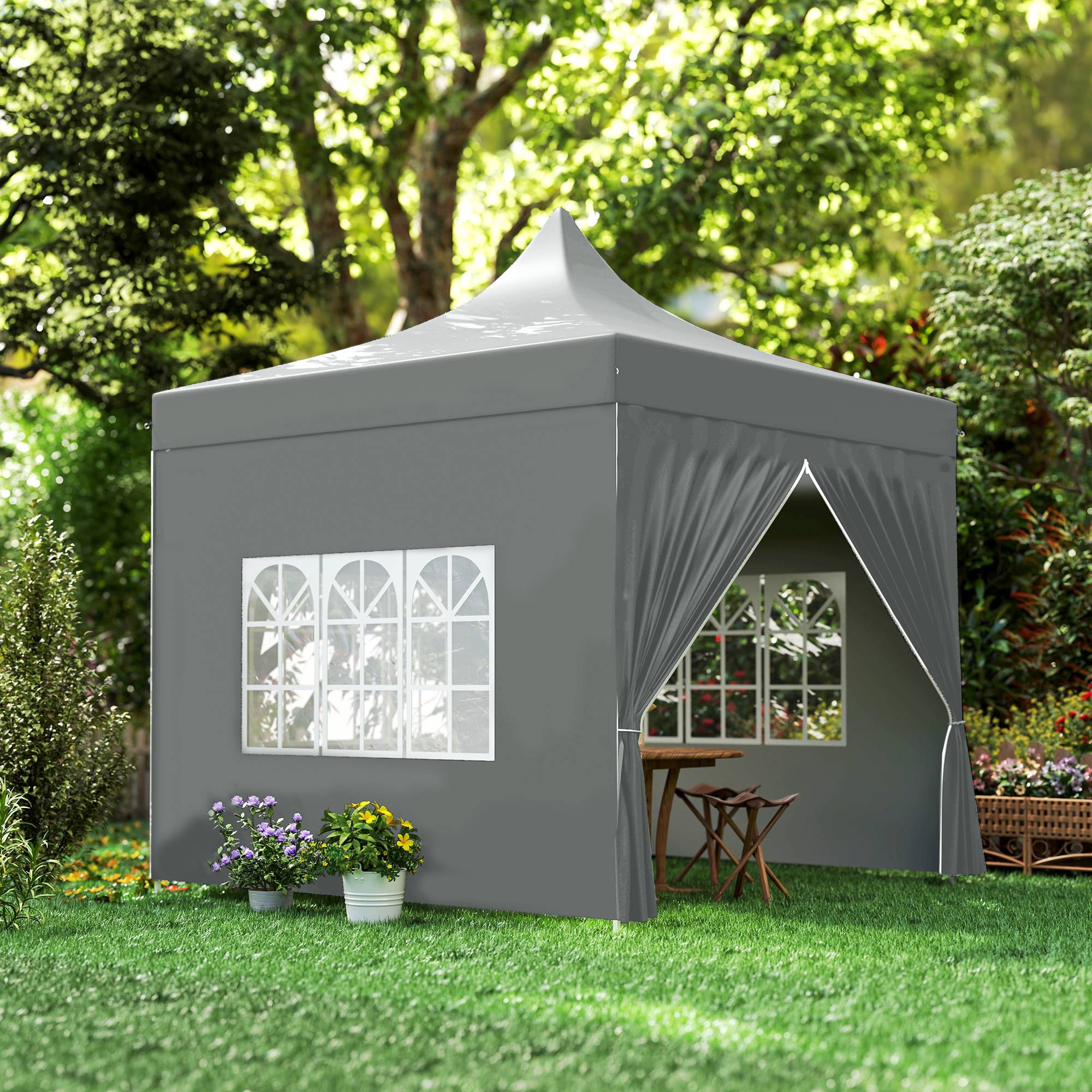 Tonnelle de jardin tente pliante 3 x 3 m 4 parois latérales amovibles 3 fenêtres hauteur réglable sac de transport gris - Image 10