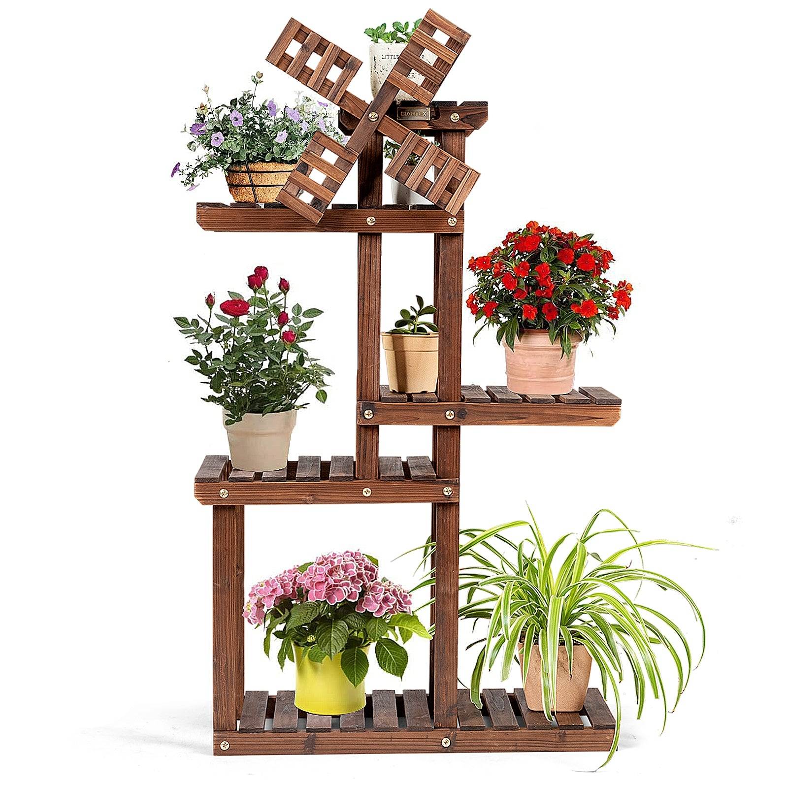Étagère pour plantes en bois de sapin à 5 niveaux avec moulin à vent 63 x 25 x 97 cm pour terrasse jardin salon nature - Image 1