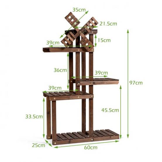 Étagère pour plantes en bois de sapin à 5 niveaux avec moulin à vent 63 x 25 x 97 cm pour terrasse jardin salon nature - Image 3