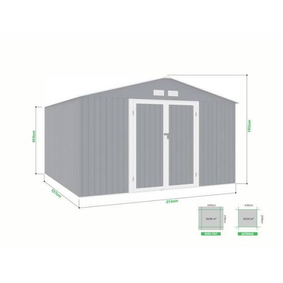 Sans Marque - Abri de jardin en métal 10,85 m2 - 340 x 319 x 210 - LUNEX - Kit d'ancrage inclus, 2 portes battantes - Gris - Image 4