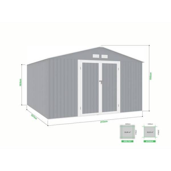Sans Marque - Abri de jardin en métal 10,85 m2 - 340 x 319 x 210 - LUNEX - Kit d'ancrage inclus, 2 portes battantes - Gris - Image 4