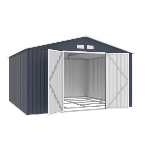 Sans Marque - Abri de jardin en métal 10,85 m2 - 340 x 319 x 210 - LUNEX - Kit d'ancrage inclus, 2 portes battantes - Gris - Image 2