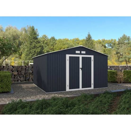 Sans Marque - Abri de jardin en métal 10,85 m2 - 340 x 319 x 210 - LUNEX - Kit d'ancrage inclus, 2 portes battantes - Gris - Image 3