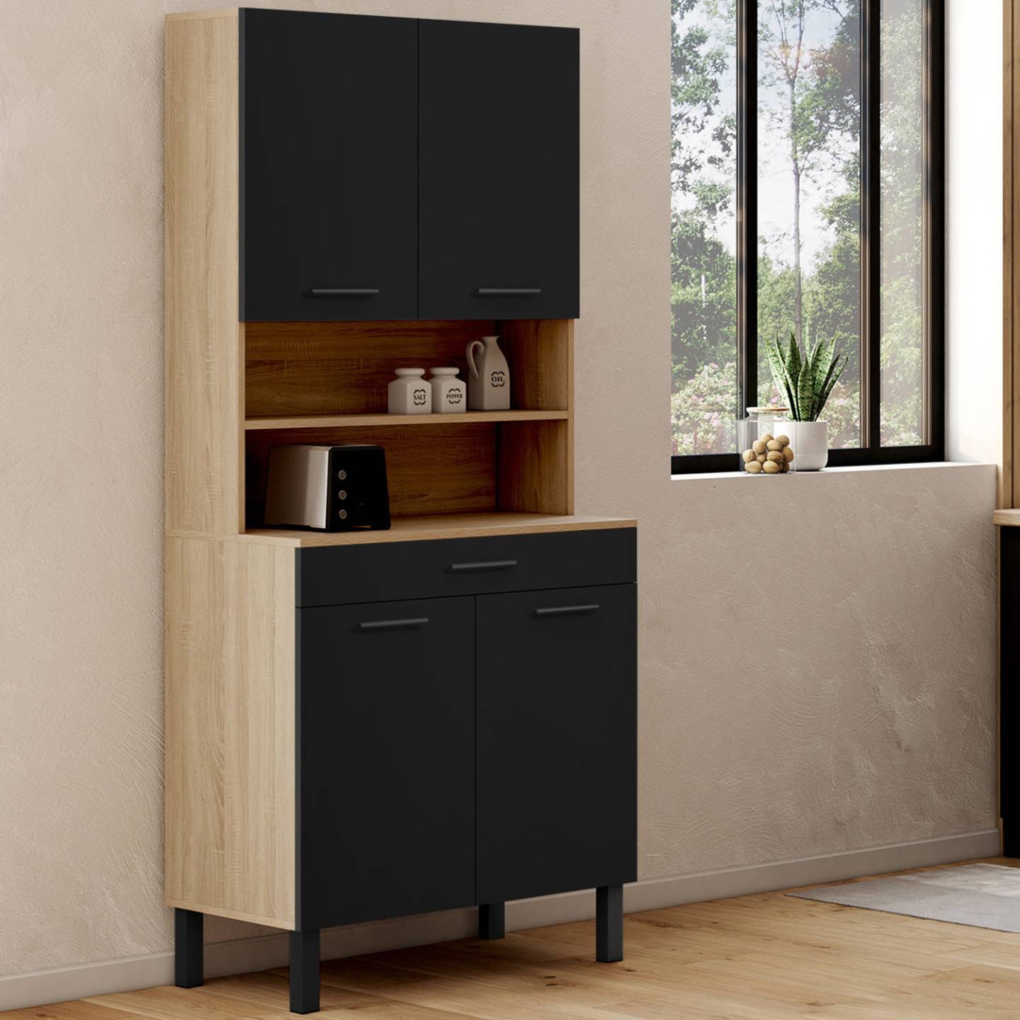 Buffet de cuisine 80 CM CINA 4 portes + tiroir façon hêtre et noir - Image 1