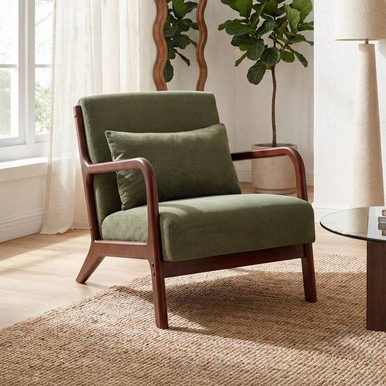 Sicaan Fauteuil scandinave vintage MARIE velours côtelé kaki et bois finition noyer - Image 1