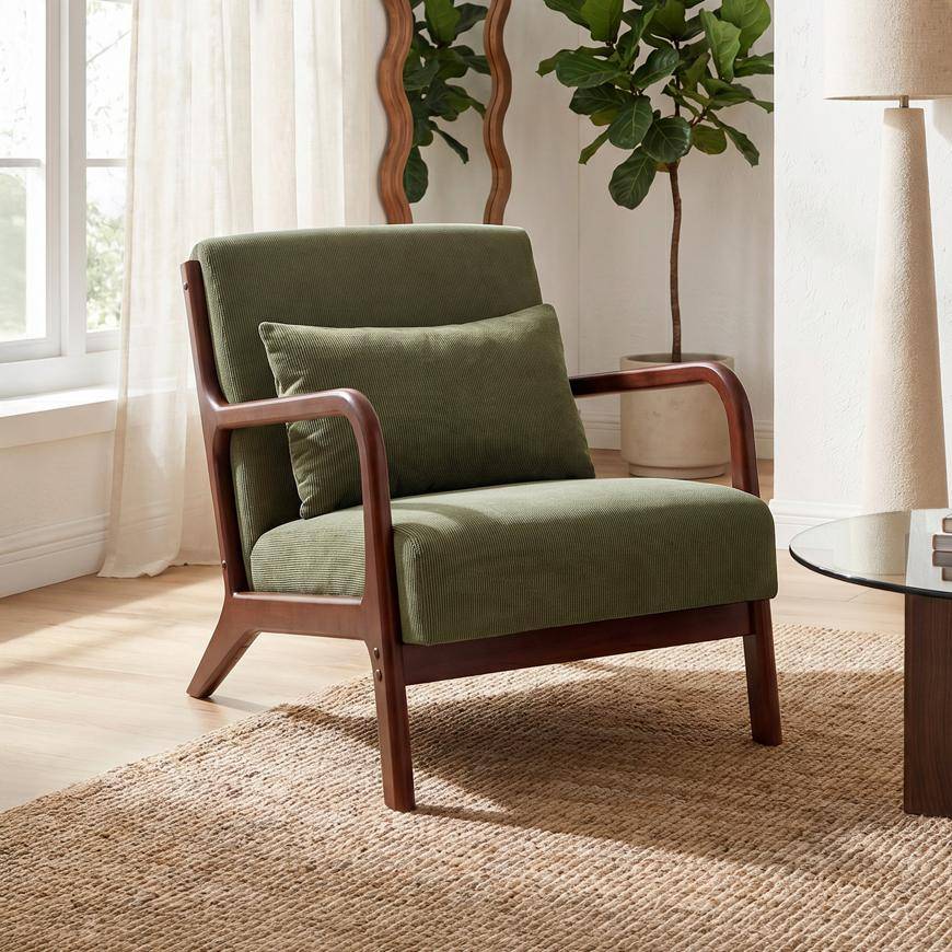 Sicaan Fauteuil scandinave vintage MARIE velours côtelé kaki et bois finition noyer - Image 1
