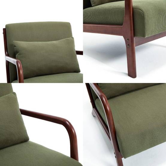 Sicaan Fauteuil scandinave vintage MARIE velours côtelé kaki et bois finition noyer - Image 4