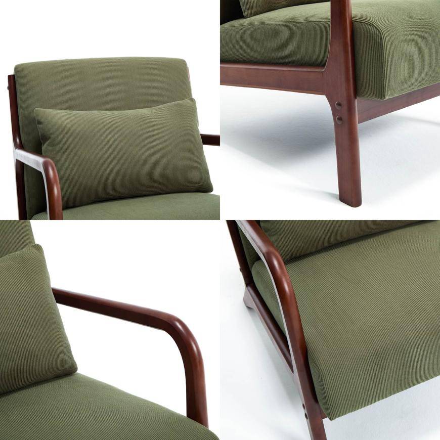 Sicaan Fauteuil scandinave vintage MARIE velours côtelé kaki et bois finition noyer - Image 4