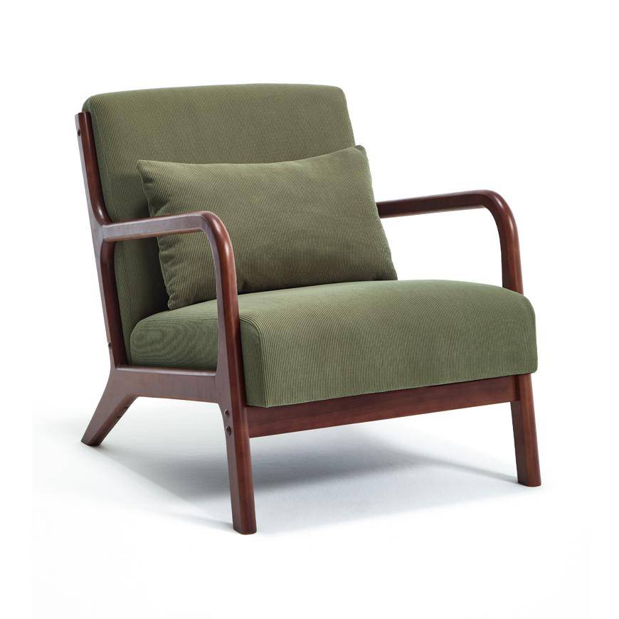 Sicaan Fauteuil scandinave vintage MARIE velours côtelé kaki et bois finition noyer - Image 3