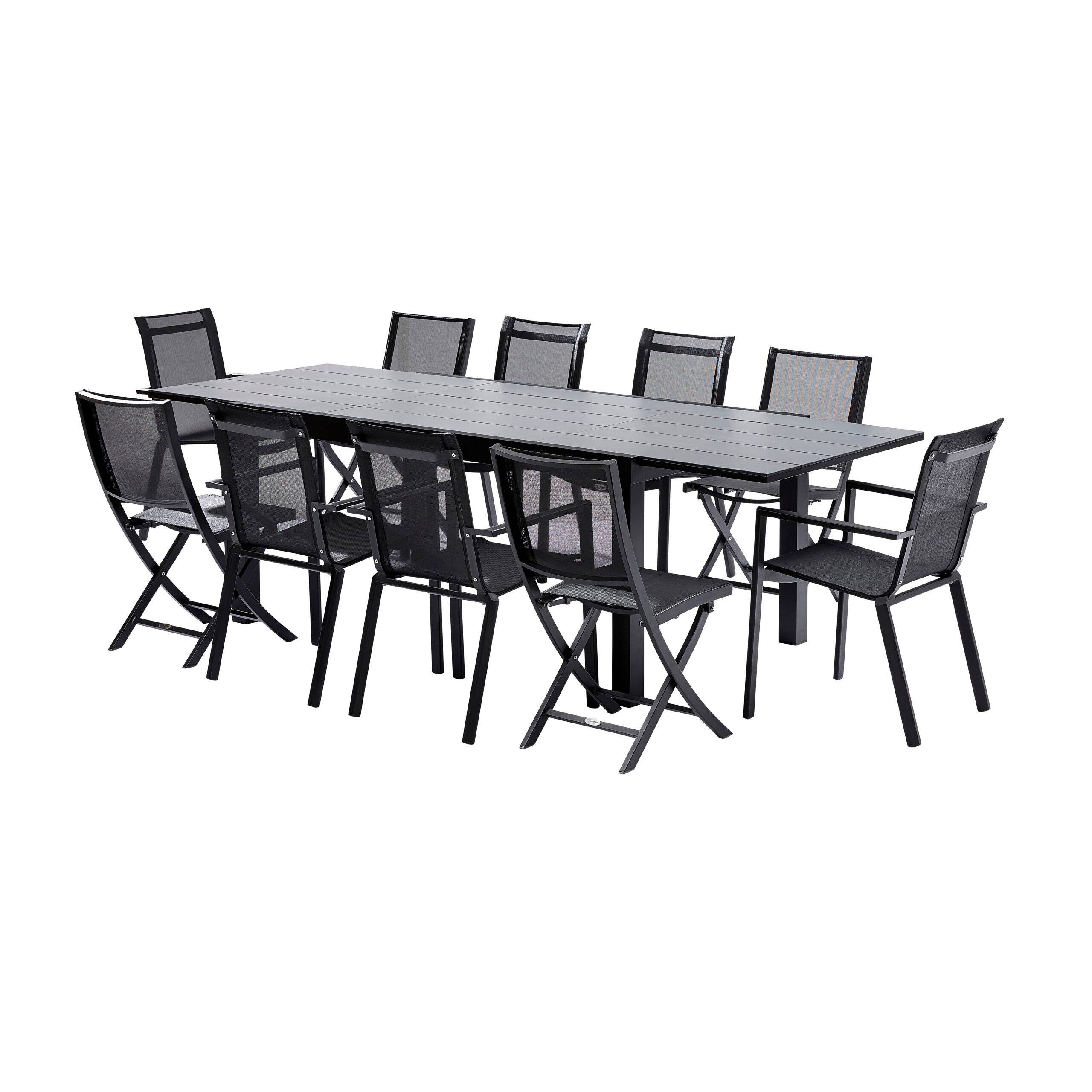 Wilsa Garden - Ensemble HPL 6/10p en aluminium noir et plateau en HPL gris avec 6 fauteuils et 4 chaises pliantes en aluminium et textilène - Image 1
