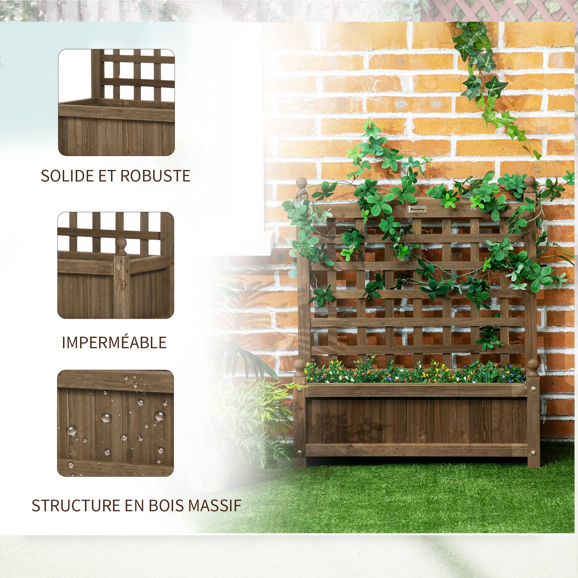 Sans Marque - Jardinière avec treillis bac à fleurs jardinière sur pied 64 x 28 x 75 cm inserts d'irrigation bois massif - Image 8