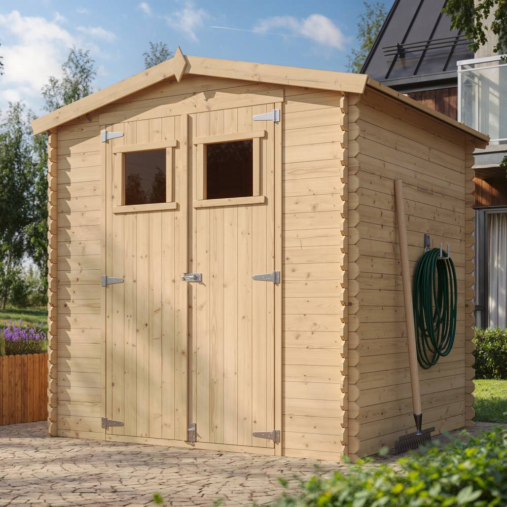Timbela - Abri de jardin en bois  I216xL206xH218 cm/ 3.53 m² avec sol traité - Petit abri à outils, Local à vélos - 19 mm d’épaisseur - Timbela M343+M343G - Image 1