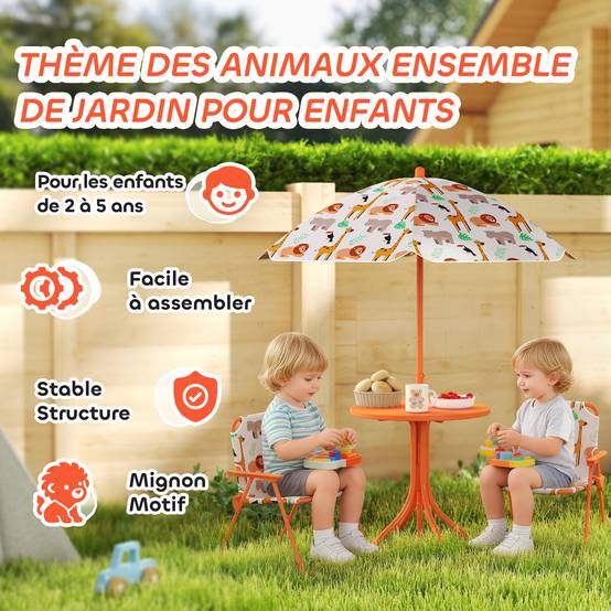 Salon de jardin enfant, table enfant avec 2 chaises pliantes et parasol amovible Ø 100 cm, motif jungle, rose - Image 6