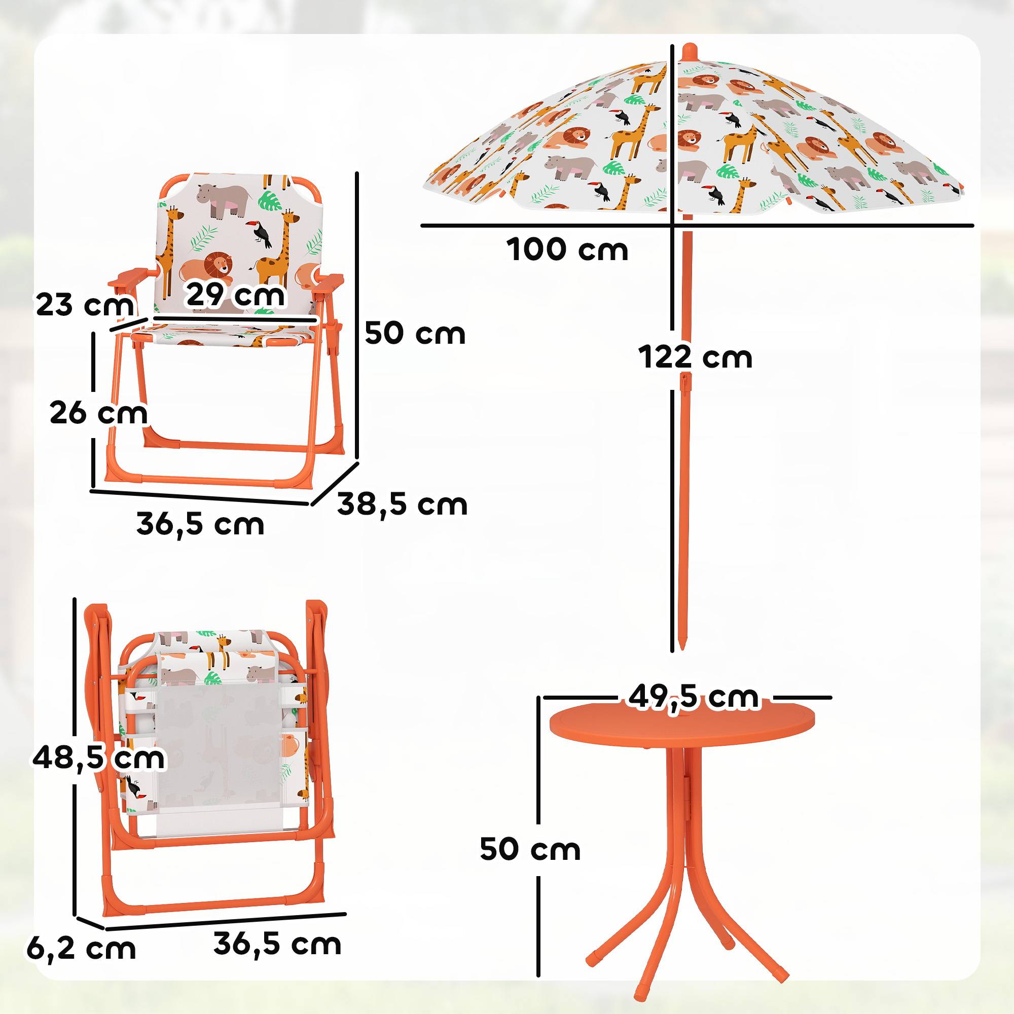 Salon de jardin enfant, table enfant avec 2 chaises pliantes et parasol amovible Ø 100 cm, motif jungle, rose - Image 5