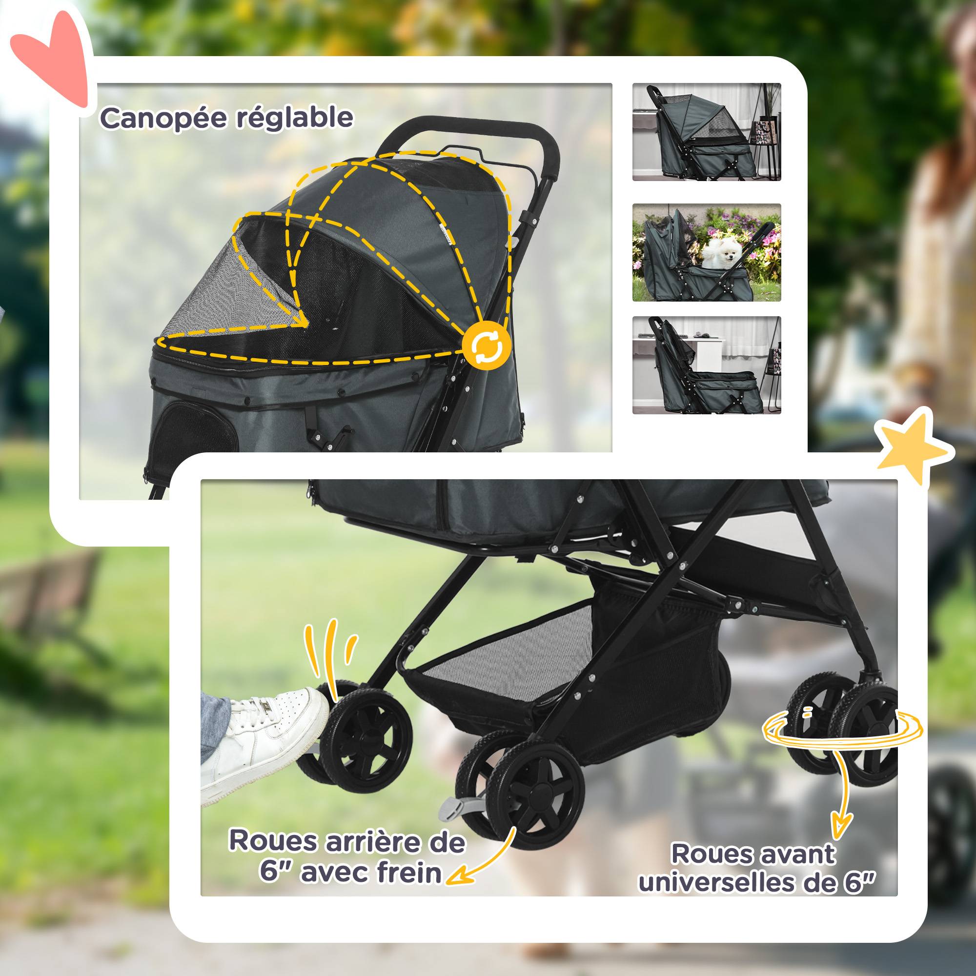 Poussette pour chien animaux de compagnie pliable 4 roues EVA guidon réglable panier 76,5 x 52 x 95 cm - Image 8