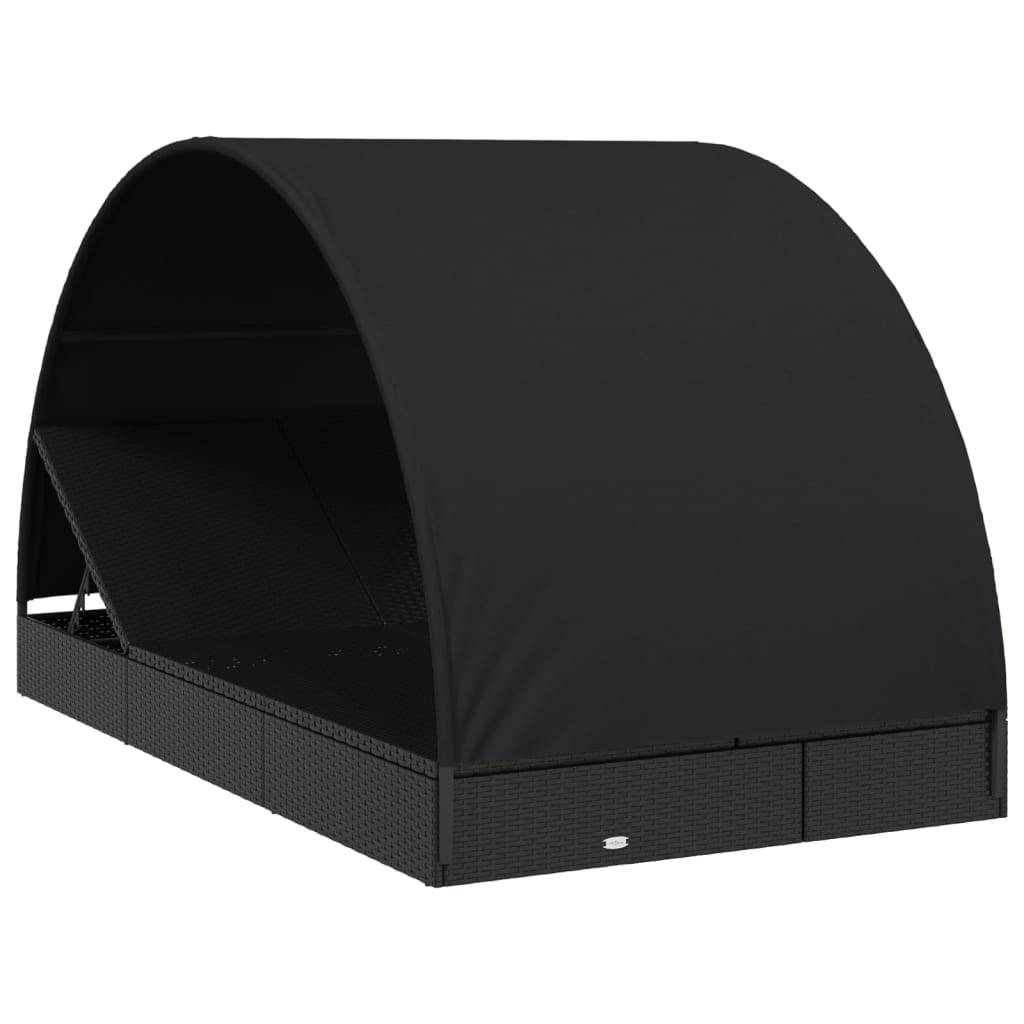 Helloshop26 - Transat chaise longue bain de soleil 2 places avec toit rond noir 211x112x140 cm - Image 2