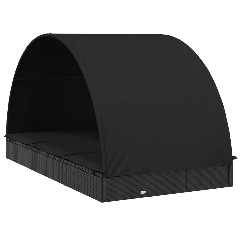 Helloshop26 - Transat chaise longue bain de soleil 2 places avec toit rond noir 211x112x140 cm - Image 3