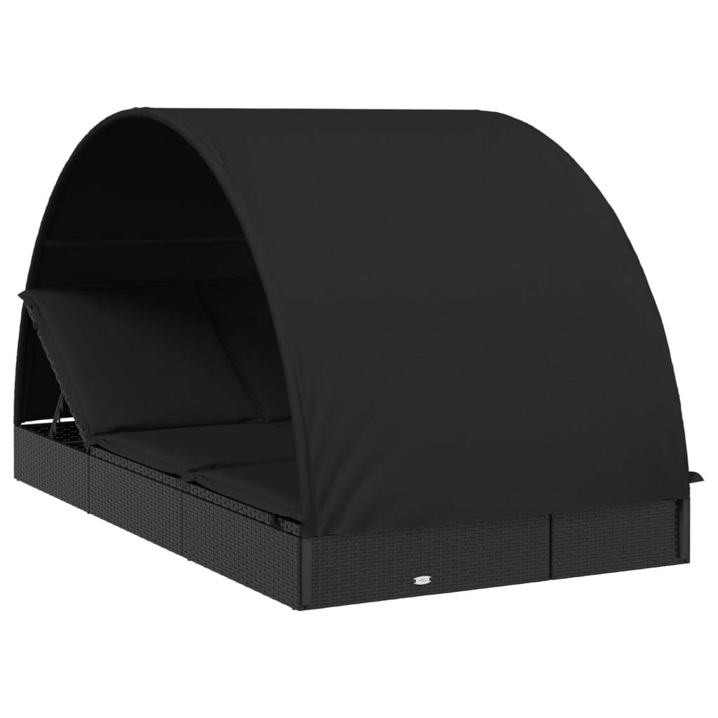 Helloshop26 - Transat chaise longue bain de soleil 2 places avec toit rond noir 211x112x140 cm - Image 1