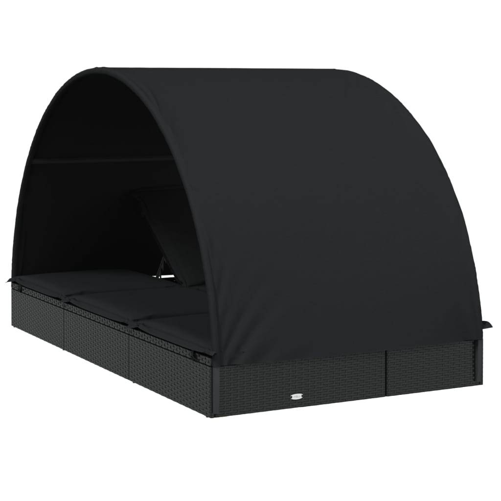 Helloshop26 - Transat chaise longue bain de soleil 2 places avec toit rond noir 211x112x140 cm - Image 6