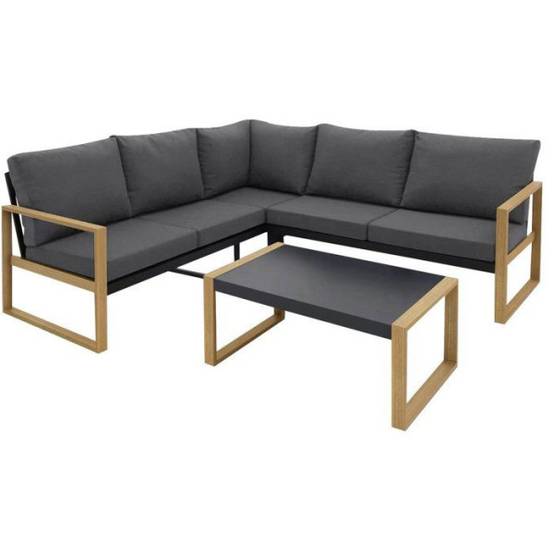 Salon de jardin d'angle - Aluminium effet bois - PUERTOCOR - 5 personnes + table basse - Image 1