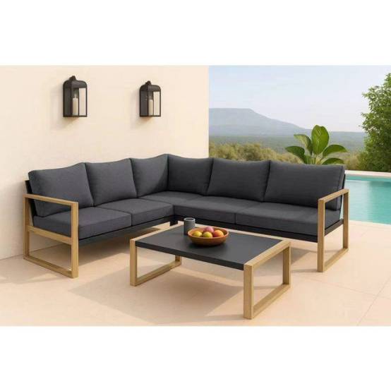 Salon de jardin d'angle - Aluminium effet bois - PUERTOCOR - 5 personnes + table basse - Image 6