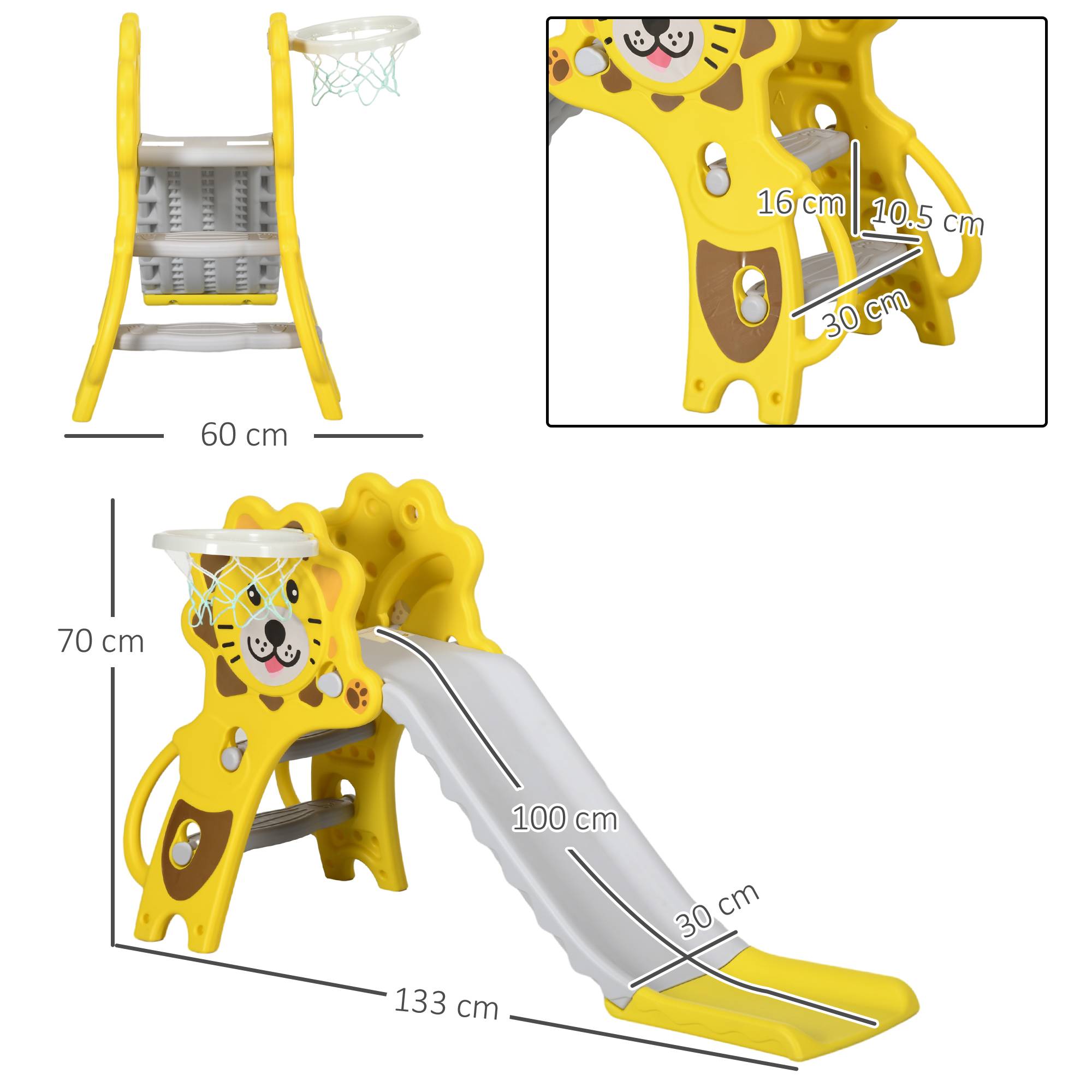 Toboggan pour enfants de 18 à 36 mois avec panier de basket latéral, coloris EPS, 131 x 50 x 74 cm, jaune et gris - Image 5