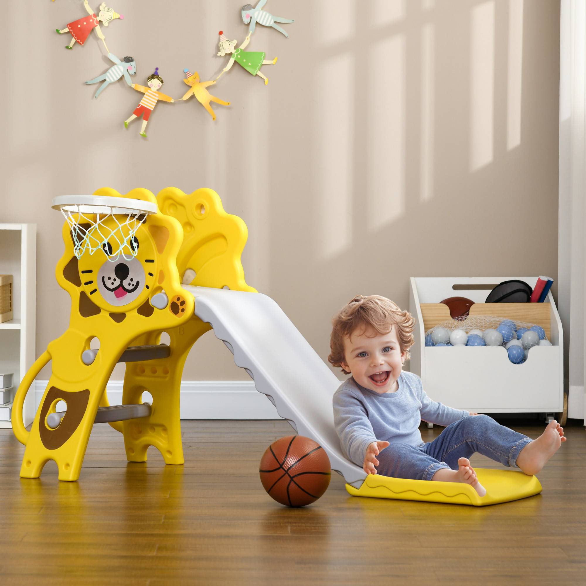 Toboggan pour enfants de 18 à 36 mois avec panier de basket latéral, coloris EPS, 131 x 50 x 74 cm, jaune et gris - Image 3