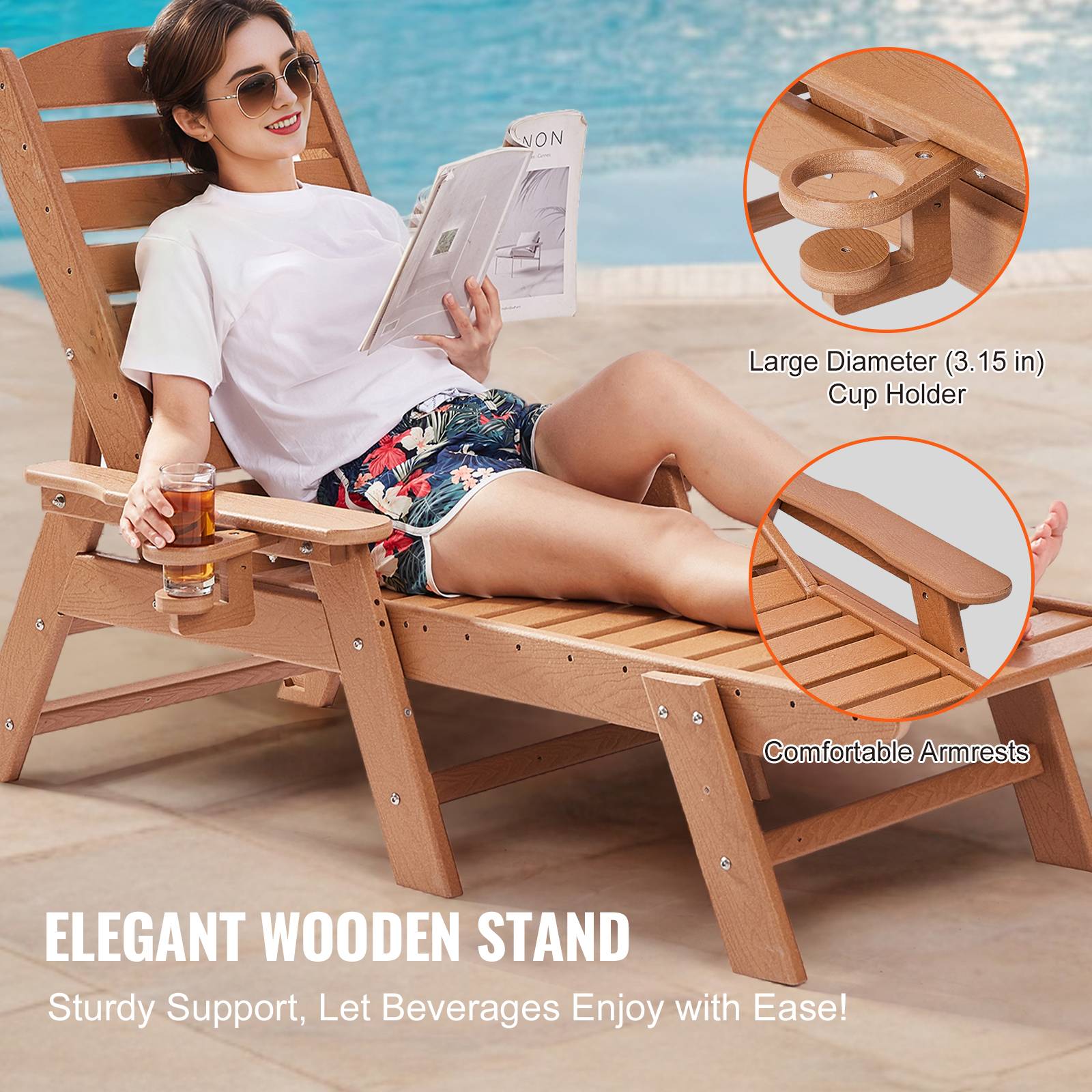 Vevor - VEVOR Bain de Soleil Chaise Longue Jardin Dossier Réglable Charge 181 kg Marron - Image 6