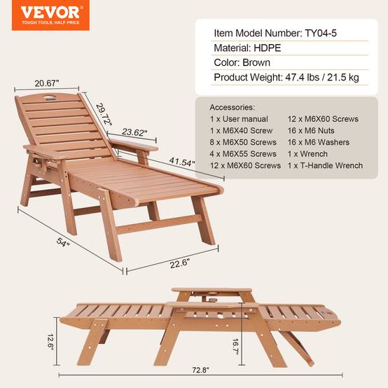 Vevor - VEVOR Bain de Soleil Chaise Longue Jardin Dossier Réglable Charge 181 kg Marron - Image 7