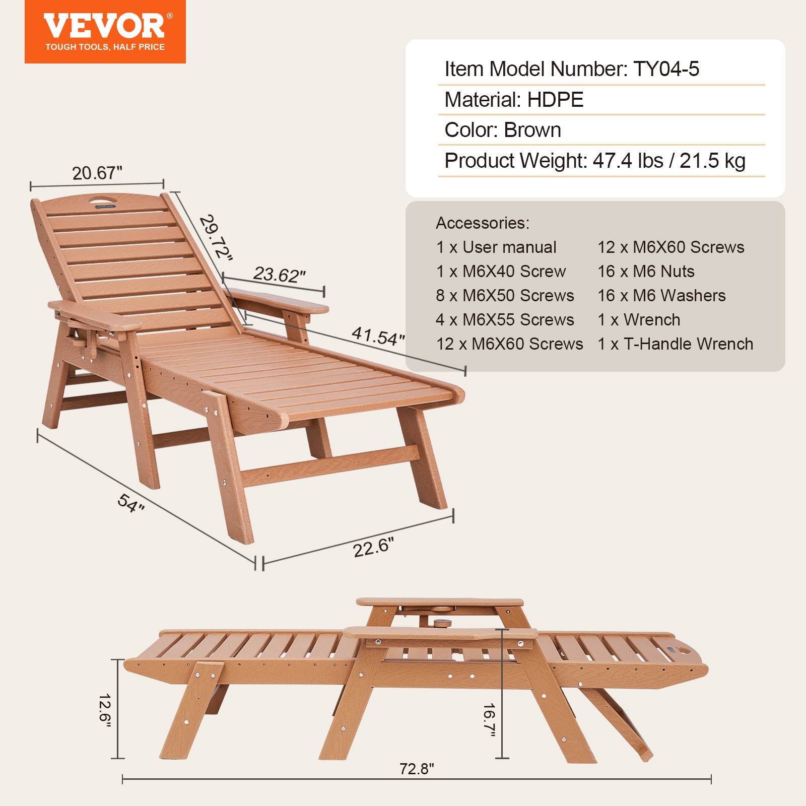 Vevor - VEVOR Bain de Soleil Chaise Longue Jardin Dossier Réglable Charge 181 kg Marron - Image 7