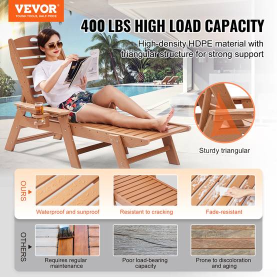 Vevor - VEVOR Bain de Soleil Chaise Longue Jardin Dossier Réglable Charge 181 kg Marron - Image 2