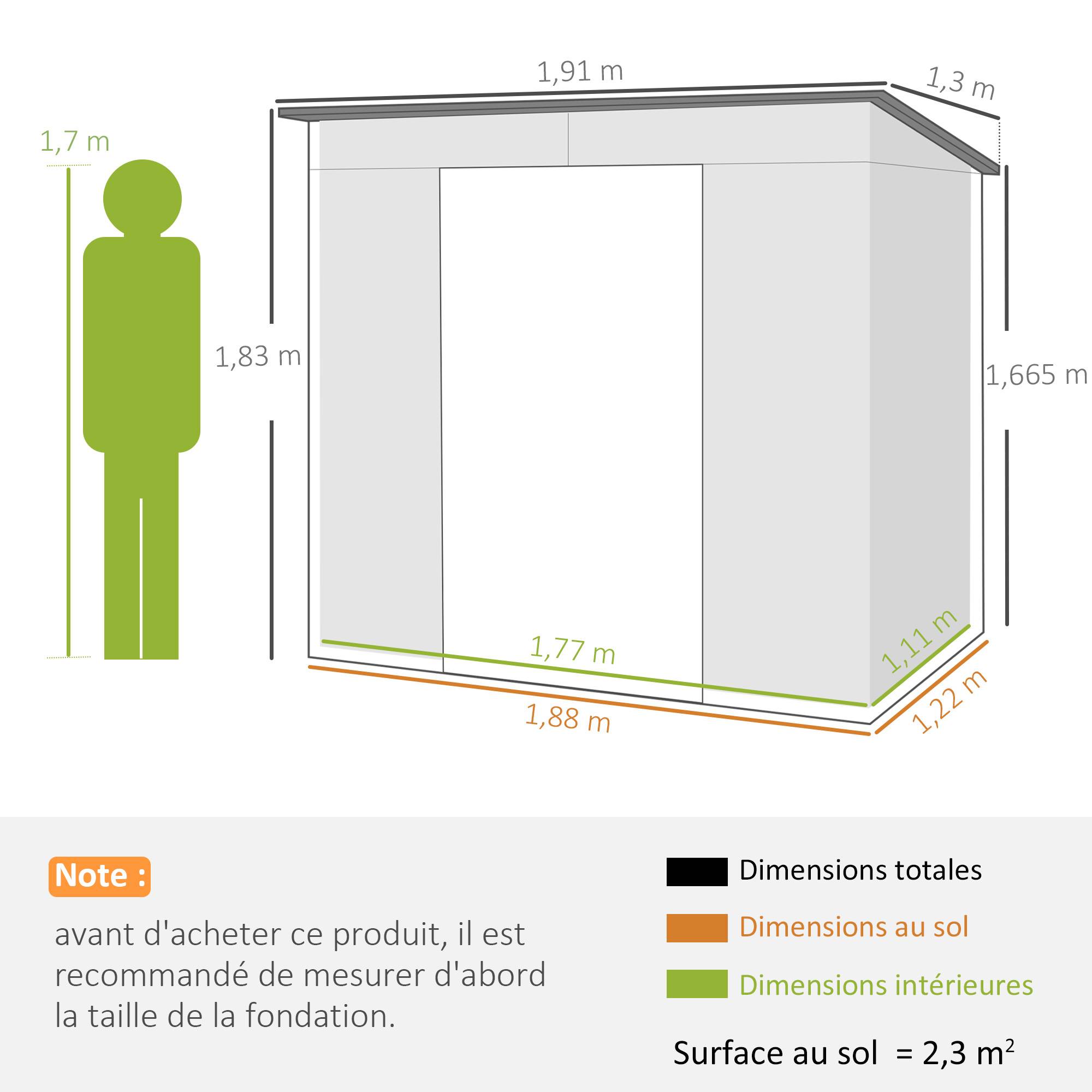 Abri de jardin 2,3m² - pour Outils - cabanon Porte verrouillable - dim. 191L x 130P x 166,5-183H cm - acier - Image 5