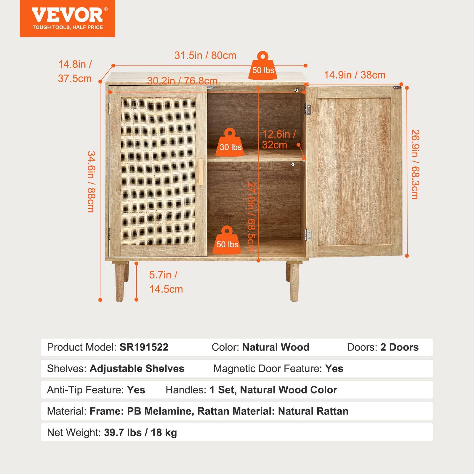 VEVOR Armoire rotin 80x37,5x88 cm, 2 portes magnétiques, étagères réglables. Naturel. - Image 7