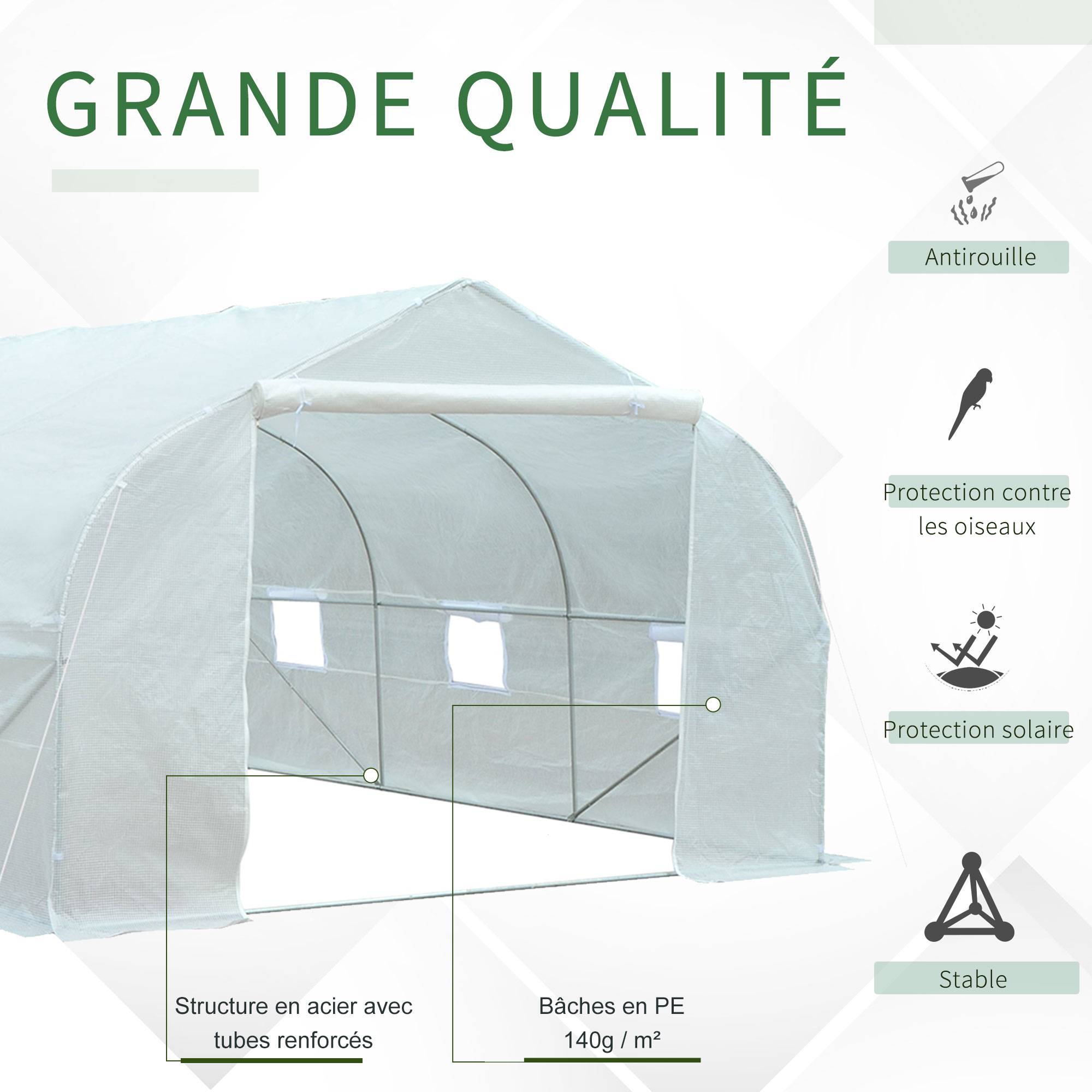 Serre Tunnel de Jardin 13,35 m² dim. 4,5L x 3l x 2H m Porte + 6 fenêtres enroulables Acier galvanisé bâche PE Haute densité Blanc - Image 9