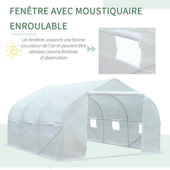 Serre Tunnel de Jardin 13,35 m² dim. 4,5L x 3l x 2H m Porte + 6 fenêtres enroulables Acier galvanisé bâche PE Haute densité Blanc - Image 7
