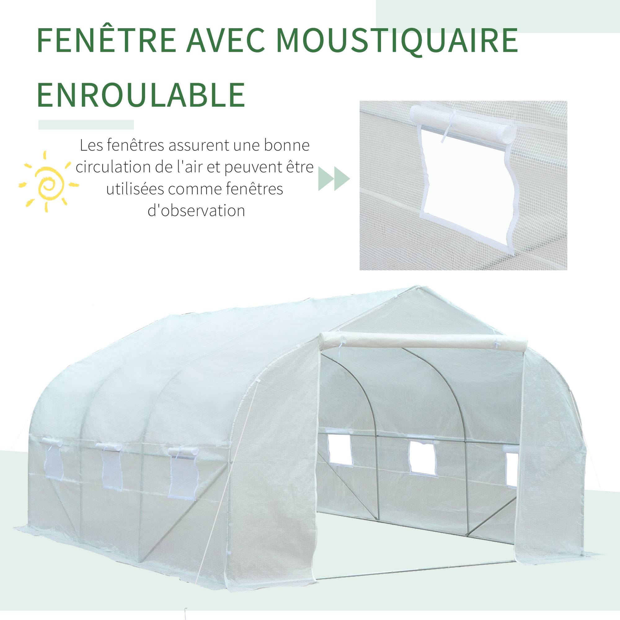 Serre Tunnel de Jardin 13,35 m² dim. 4,5L x 3l x 2H m Porte + 6 fenêtres enroulables Acier galvanisé bâche PE Haute densité Blanc - Image 7