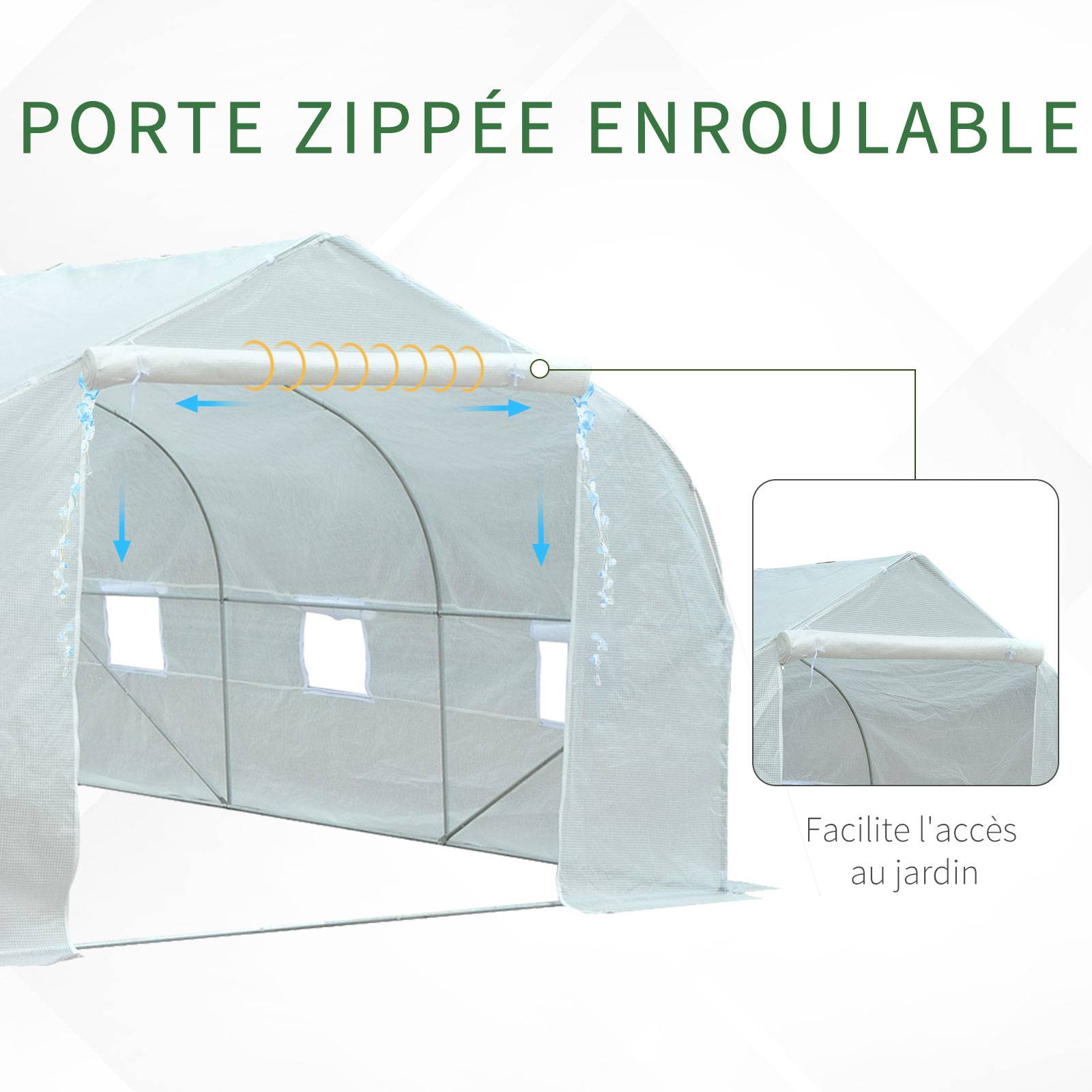 Serre Tunnel de Jardin 13,35 m² dim. 4,5L x 3l x 2H m Porte + 6 fenêtres enroulables Acier galvanisé bâche PE Haute densité Blanc - Image 8