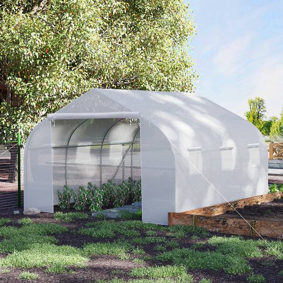 Serre Tunnel de Jardin 13,35 m² dim. 4,5L x 3l x 2H m Porte + 6 fenêtres enroulables Acier galvanisé bâche PE Haute densité Blanc - Image 4
