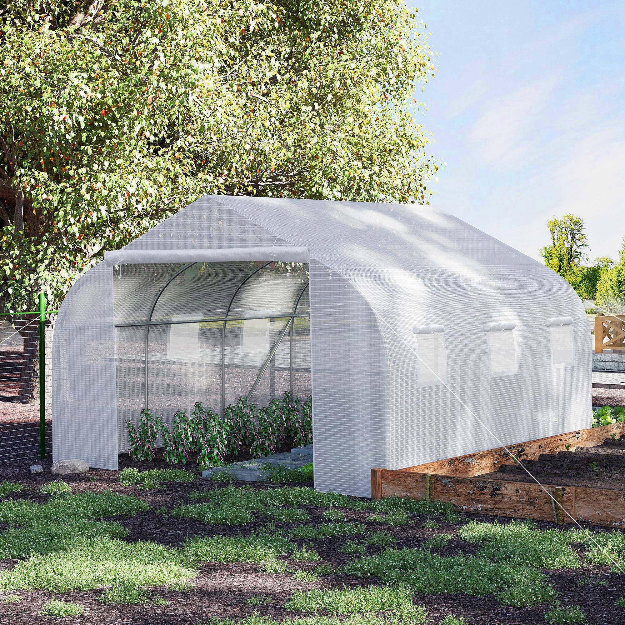 Serre Tunnel de Jardin 13,35 m² dim. 4,5L x 3l x 2H m Porte + 6 fenêtres enroulables Acier galvanisé bâche PE Haute densité Blanc - Image 4