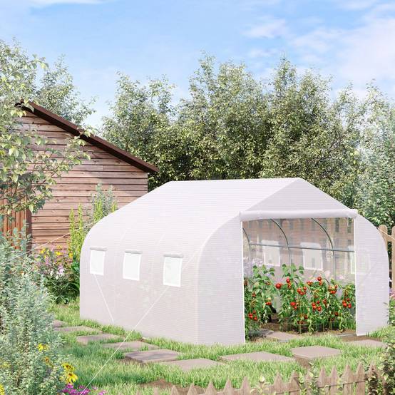 Serre Tunnel de Jardin 13,35 m² dim. 4,5L x 3l x 2H m Porte + 6 fenêtres enroulables Acier galvanisé bâche PE Haute densité Blanc - Image 3