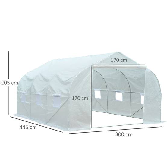 Serre Tunnel de Jardin 13,35 m² dim. 4,5L x 3l x 2H m Porte + 6 fenêtres enroulables Acier galvanisé bâche PE Haute densité Blanc - Image 5