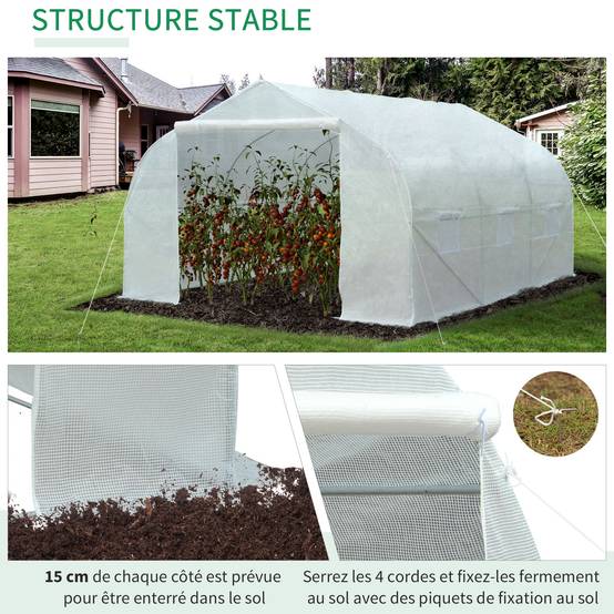 Serre Tunnel de Jardin 13,35 m² dim. 4,5L x 3l x 2H m Porte + 6 fenêtres enroulables Acier galvanisé bâche PE Haute densité Blanc - Image 6