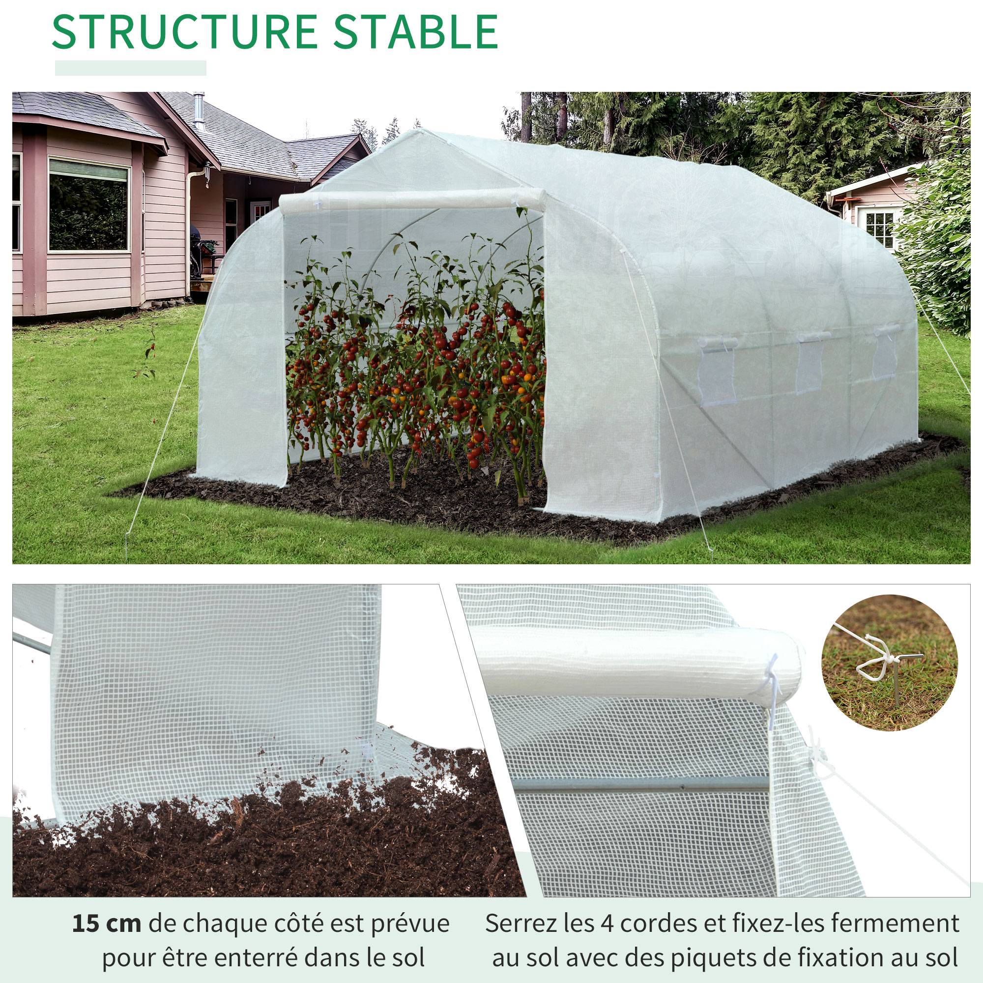 Serre Tunnel de Jardin 13,35 m² dim. 4,5L x 3l x 2H m Porte + 6 fenêtres enroulables Acier galvanisé bâche PE Haute densité Blanc - Image 6